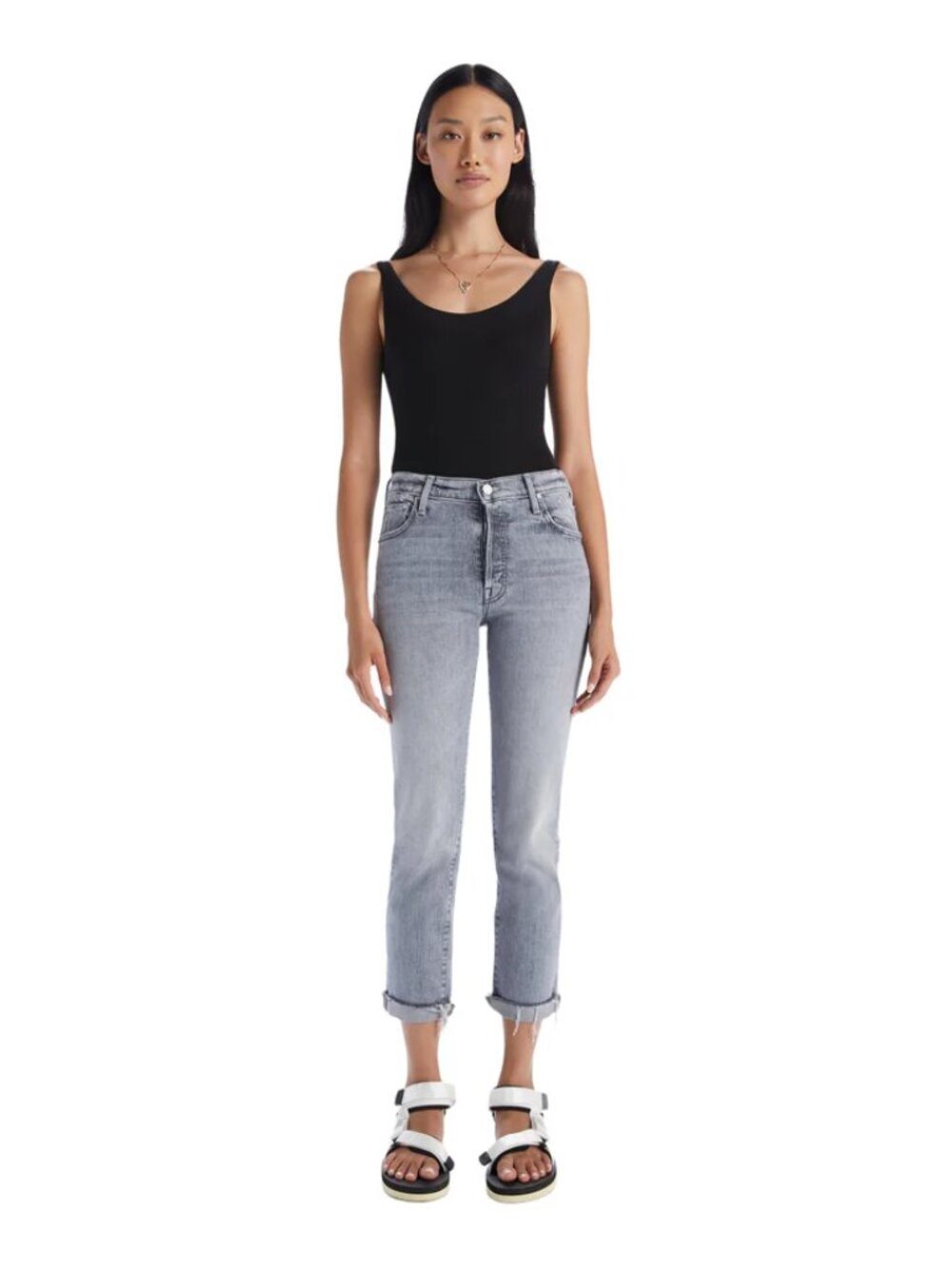 Mother The Scrapper Cuff Ankle Fray Jeans Gray Shadows in the Grass Size 26